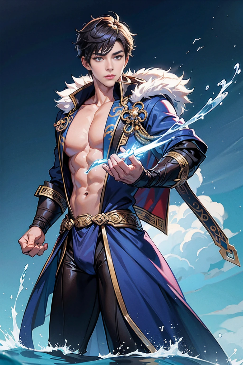 realistic, masterpiece, intricate details, detailed background, depth of field, muscular, Photo of a handsome Korean magician, (Young Korean man looking like a K-pop idol), 25 years old, (white and short hair), voluptuous crotch, water spell, sorcerer, wearing a long hooded cloak, sexy muscular, wearing a thong, pectoral focus, watermaniac, white skin, pale