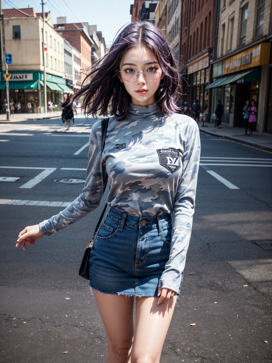 (1 lady), (Best quality at best:1.4), (ultra - detailed), (extremely detailed CG unified 16k), A Beautiful Woman with Perfect Figure: 1.4, Sharp Focus: 1.2, purple hair, very detailed, High-definition RAW color photo, professional photoshooting, amazing face and eyes, cosmetics, (standing), (amazingly beautiful girl), ((kotomi)), (exact clothes: (gray camo pattern shirt, long sleeves), (azure tight skirt jean-type), formal, teacher outfit, glasses, (black combat boots with blue laces)), (looking cute, immerse in her own thoughts expression), (City park, extremely detailed background, realistic background, first date vibes), (frontal photo), realistic cinematic face, (head to feet long wide zoomed out view, full body long view, head to shoes), photorealistic, ((realistic natural purple hair style, purple eyes)), gorgeous, extremely beautiful face, pretty face, delicate girl, (attractive body, fit woman, big girl, athletic body, strong female), perfect model beauty, pout mouth, Highly Detailed Face and Skin Texture, Detailed Eyes, Double Eyelids, Medium size breasts, shy but motivated expression, (masterpiece), best quality, high resolution, extremely detailed, cinematic lighting, amazing legs, clear and well-cared skin, (milky pale skin, white skin like milk), official dior editorial, trending on pinterest, dreamy, aesthetic, ((style raw)), (head to toe photo)