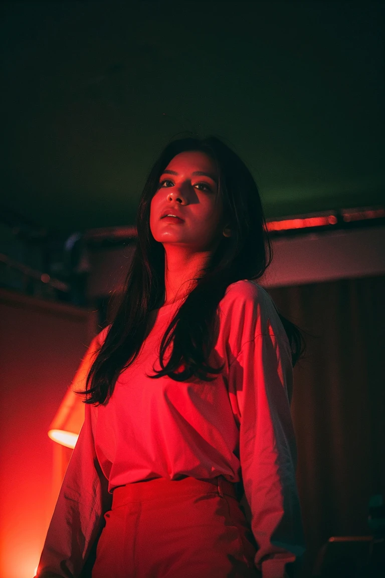 FHD, medusa, on stage, flat background, risograph, extreme long shot, dramatic contrast, Crimson