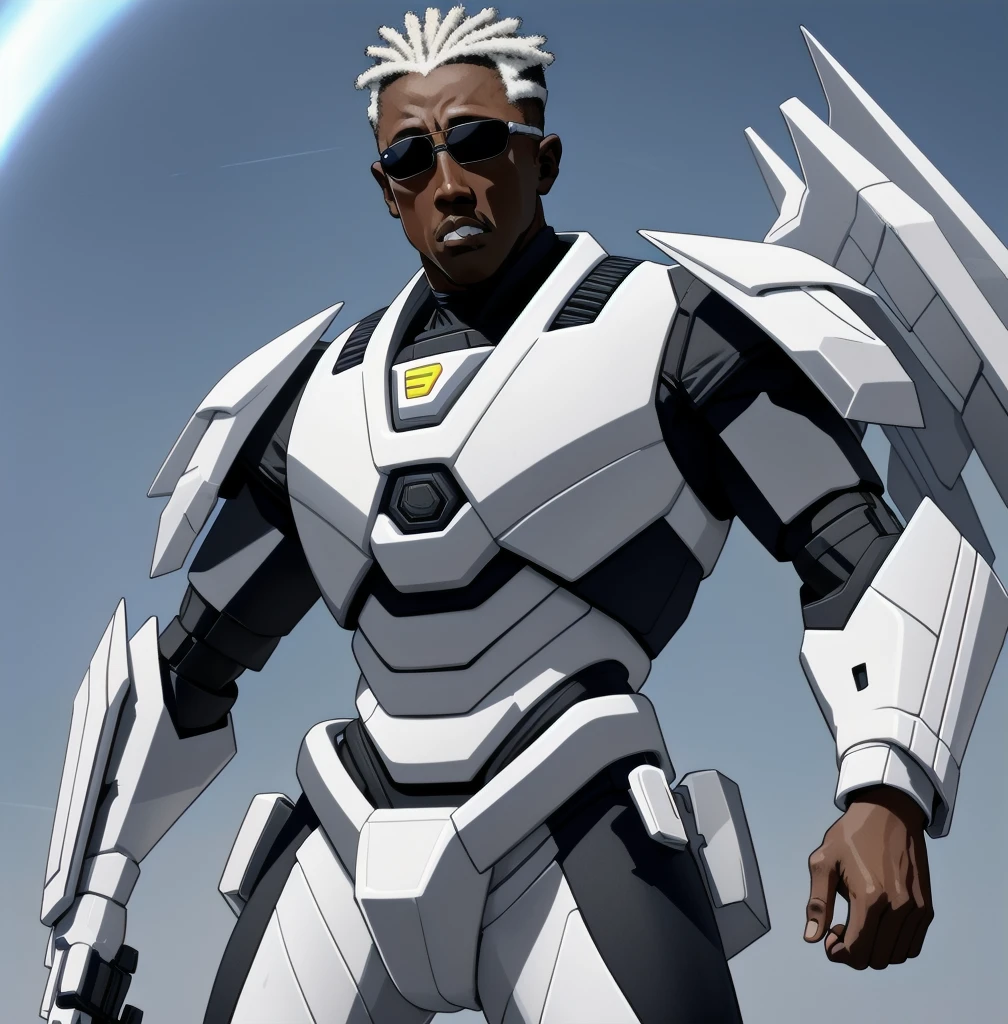 Wesley Snipes as Michael, the Right Hand of the Creator. Co-Leader of the Archangels, A crack squad of futuristic and highly technically advanced warriors. Ancient, but not old. Powerful, IN a white and black winged exo-mecha suit, tight fitting, open faced, with futuristic white shades on
