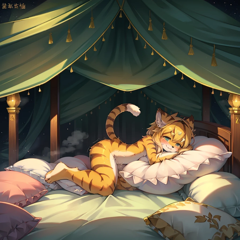 （masterpiece，best quality），my own, The Beast, , (适合任何Pillow背景的光影））, 穿着pajamas可爱女孩在Pillow上摆姿势 ，pajamas，Nature,, (blush),a smile，Pillow头,（很多Pillow），Soft cushion，，Soft pillow quotation，（Pillow损坏），很多Pillow，（Crotch rubbing），（（Pillow驼峰）），（Pillow），（A tail），，（粉色Pillow），（Love around the protagonist），Steam，（Pillow头），（），（豪华Pillow），（Pillow），（palace），（Palace bedroom），（Pillow），柔软的Pillow，，（Classical European style bedroom ），（excited，shy person，Lack of expressiveness，），，pillow humping,mia,tiger tail,tiger ears,Tiger pattern，，Sweat，，Sweaty，(Body swing，身体Shaking lines，Shaking lines)，best quality, masterpiece, ((Maximum resolution)), artwork, ，,,(Interior of the palace),(In the bedroom at night),(Deluxe Rococo Canopy King Bed),On a big and spacious bed,(the 女孩 is lying on the bed),Before bedtime,,,Luxurious curtains with ornate ruffles and ribbons surround the bed,((((There are many pillows piled on the bed)))),Detail of Quilt,Detailed bed sheets,Ruffled Bed Skirt,Deep Bed,Background with depth,pajamas , ((((大量的Pillow))))，peeing，squatting，water,urine,Shaking lines，wetting pillows,Flowing liquid，Violent body shaking，剧烈Shaking lines，详细的软Pillow,,((女孩正躺在许多柔软的Pillow上,周围有许多Pillow))，Splashed liquid，Pillow和床上有水迹，