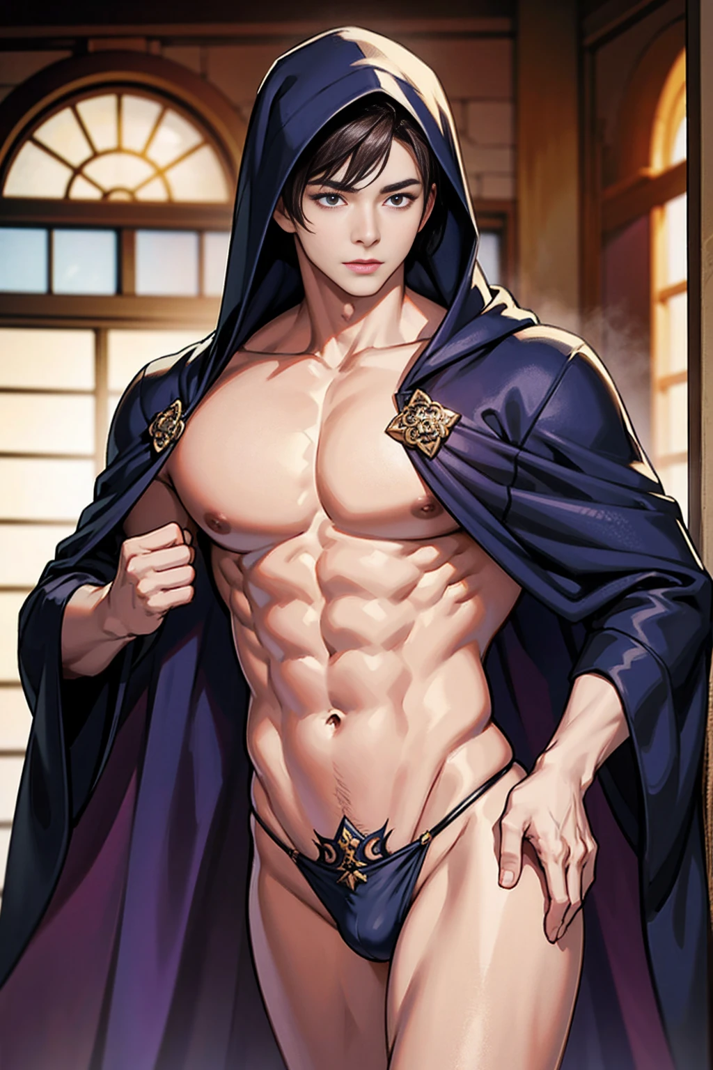 realistic, masterpiece, intricate details, detailed background, depth of field, muscular, Photo of a handsome Korean magician, (Young Korean man looking like a K-pop idol), 25 years old, (white and short hair), voluptuous crotch, earth spell, sorcerer, wearing a long hooded cloak, sexy muscular, wearing a thong, pectoral focus, earthmaniac, white skin, pale