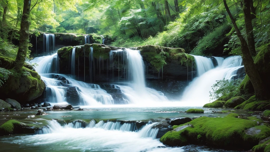 A grand piano placed near a stream flowing from a waterfall、White splashes are rising、In the forest of fresh greenery、A big black grand piano placed by the river、Makoto Shinkai-style anime illustrations、A rough illustration style