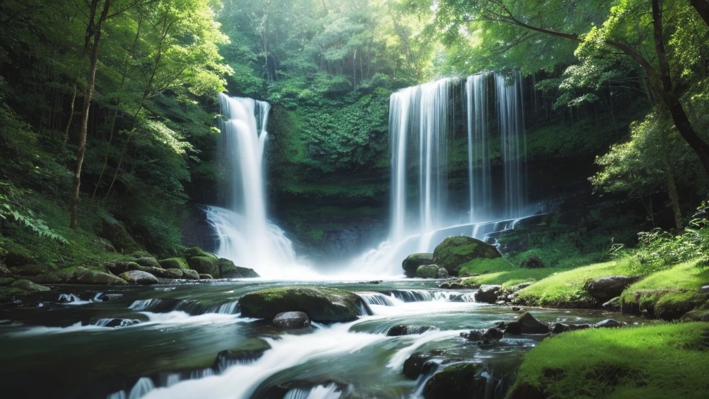 A grand piano placed near a stream flowing from a waterfall、White splashes are rising、In the forest of fresh greenery、A big black grand piano placed by the river、Makoto Shinkai-style anime illustrations、A rough illustration style