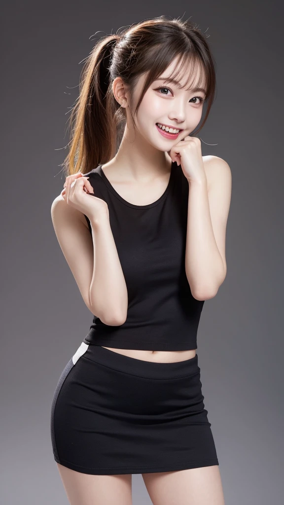 highest quality, shape, Very detailed, finely, High resolution, 8k wallpaper, mini skirt,whole body ,Beautiful and beautiful eyes,one piece,ponytail, Blonde,Open your mouth, Random sexy poses,smile,Beautiful teeth,20-year-old girl,
