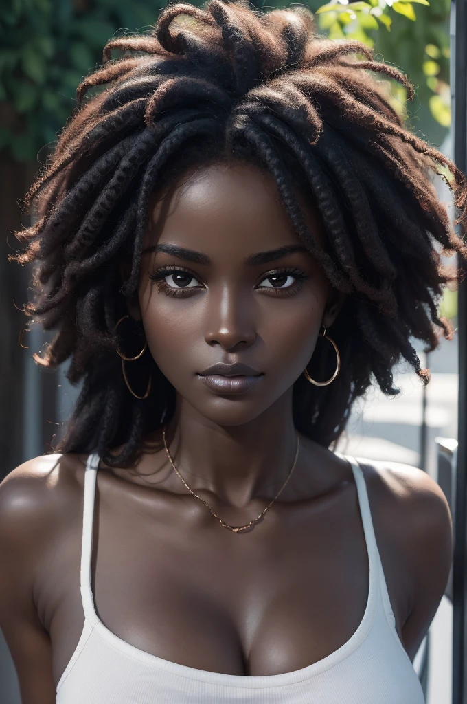 ((Extremely beautiful face)), ((very dark skin)), upper body, ((face focus)), afro