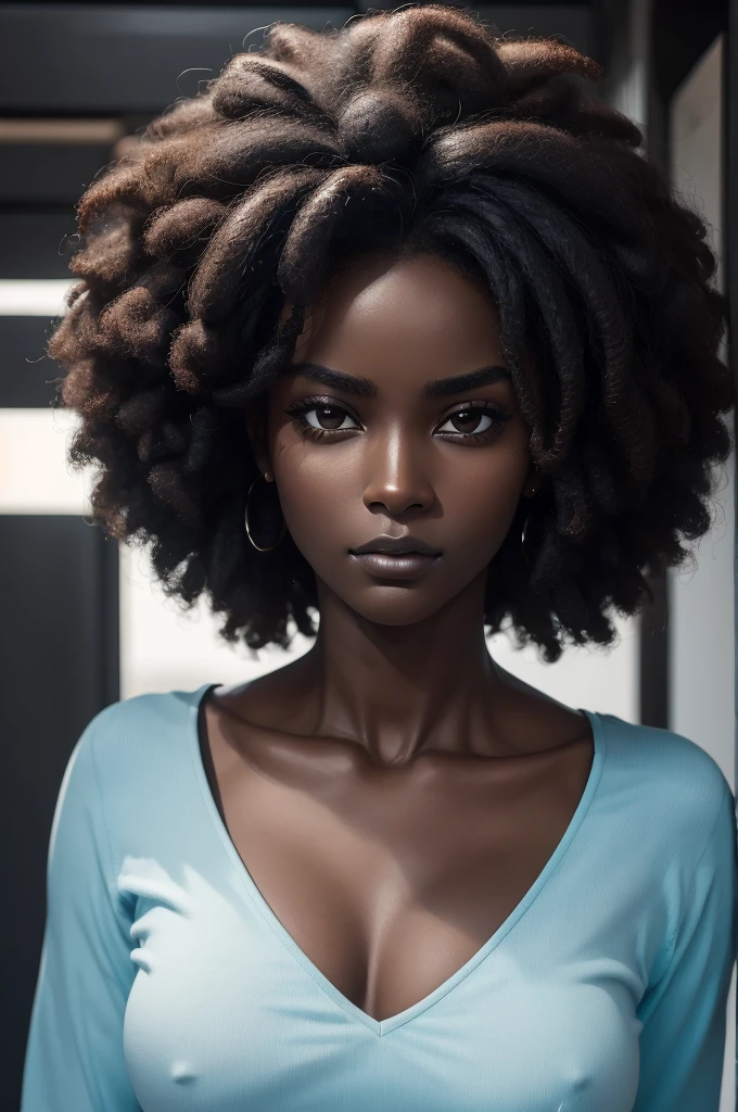 ((Extremely beautiful face)), ((very dark skin)), upper body, ((face focus)), afro