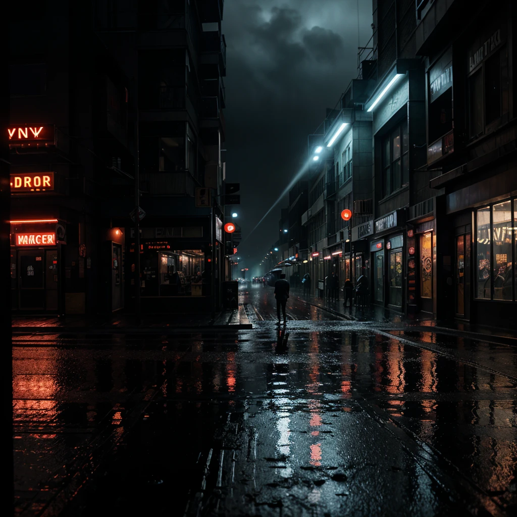 dark and moody street scene, Brent Faiyaz, cinematic lighting, neon lights, rainy night, puddles, reflections, steam, atmospheric, urban, detailed environment, hyper-realistic, 8K, photorealistic, dramatic, neo-noir, chiaroscuro lighting, moody color palette, sonder, melancholic, emotive, impactful