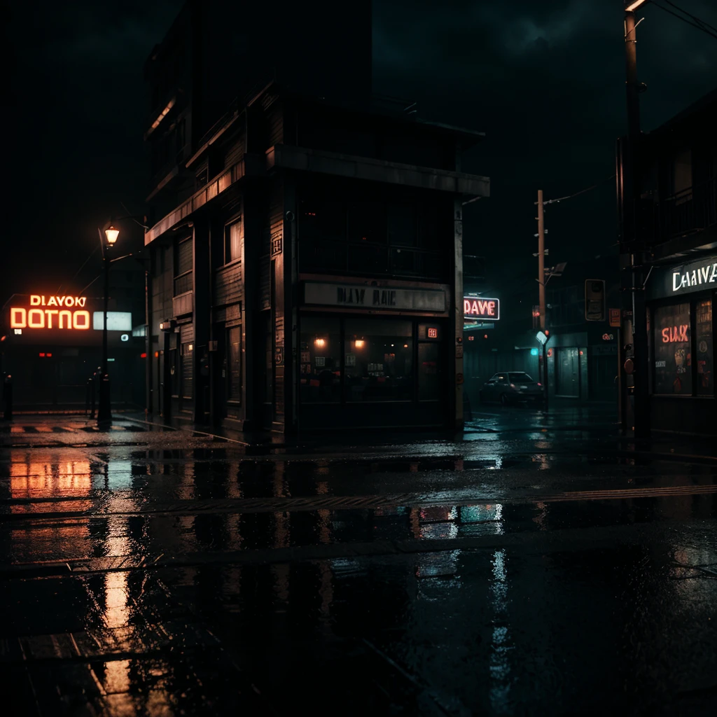 dark and moody street scene, Brent Faiyaz, cinematic lighting, neon lights, rainy night, puddles, reflections, steam, atmospheric, urban, detailed environment, hyper-realistic, 8K, photorealistic, dramatic, neo-noir, chiaroscuro lighting, moody color palette, sonder, melancholic, emotive, impactful