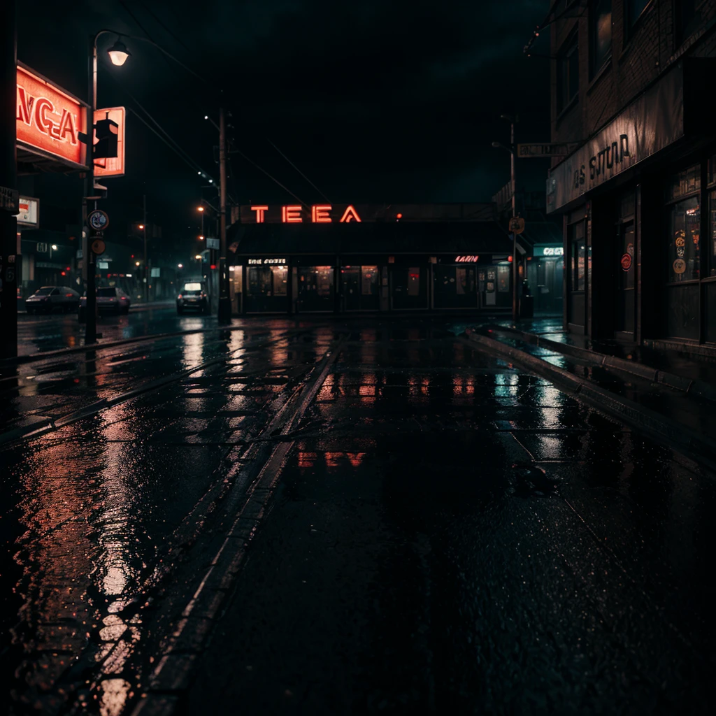 dark and moody street scene, Brent Faiyaz, cinematic lighting, neon lights, rainy night, puddles, reflections, steam, atmospheric, urban, detailed environment, hyper-realistic, 8K, photorealistic, dramatic, neo-noir, chiaroscuro lighting, moody color palette, sonder, melancholic, emotive, impactful