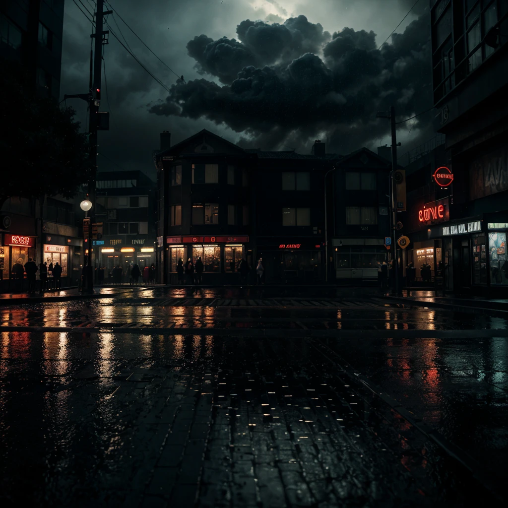 dark and moody street scene, Brent Faiyaz, cinematic lighting, neon lights, rainy night, puddles, reflections, steam, atmospheric, urban, detailed environment, hyper-realistic, 8K, photorealistic, dramatic, neo-noir, chiaroscuro lighting, moody color palette, sonder, melancholic, emotive, impactful