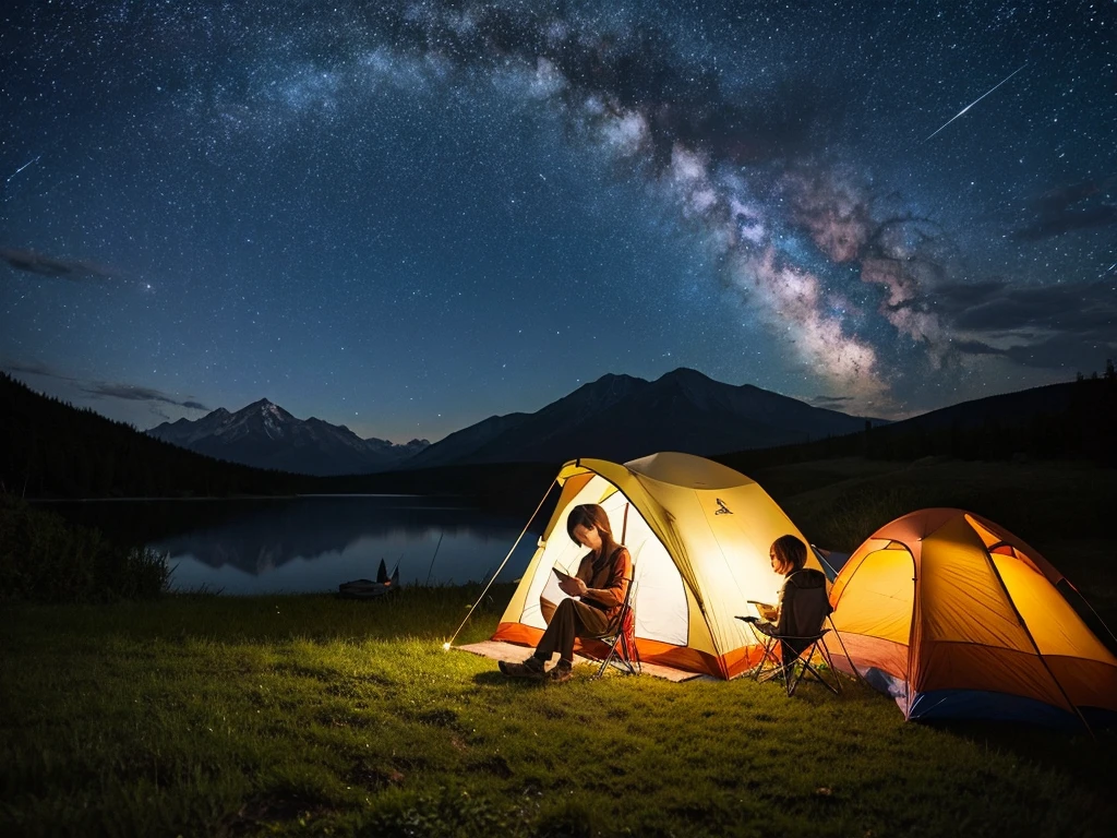 Camping alone、Woman sitting on a chair in front of a tent、reading、night、nature、Starry Sky