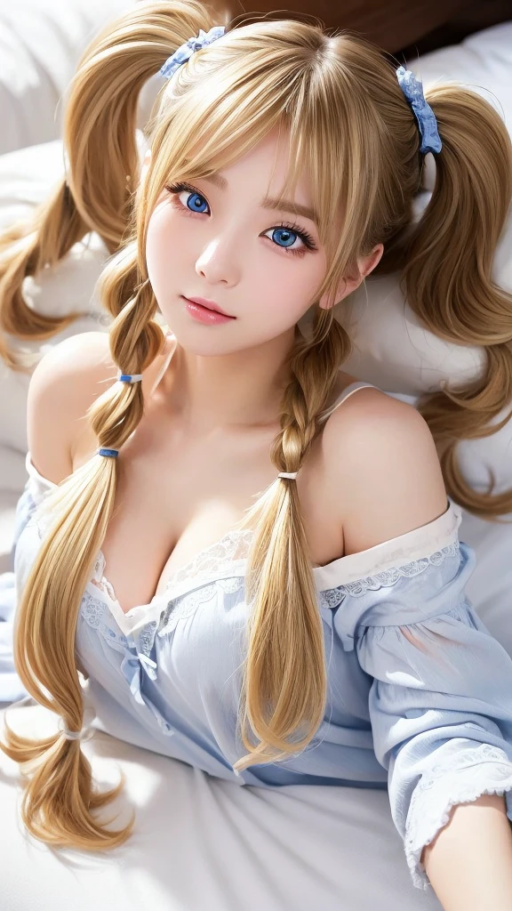 (masterpiece：1.3），（8k，Photorealistic、Raw photo、Best image quality：1.4），（Random Hairstyles：1.2）、Super detailed face、Attention to detail、double eyelid、Put your chest together、Beautiful woman：1.4、Blonde、Blue Eyes、highest quality)、(Pajamas) 、(looking at the camera、So that the background looks better、、(Blonde、Twin tails)、(Lying on your back on the bed)