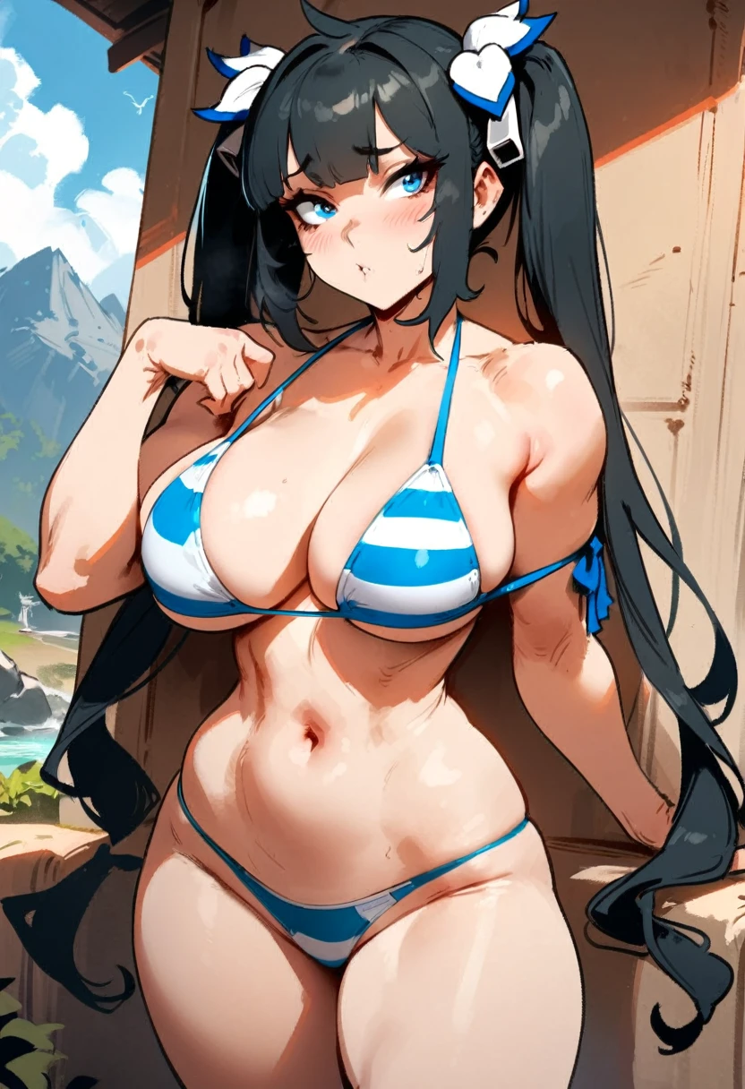 1girl, hestia \(danmachi\), dungeon ni deai wo motomeru no wa machigatteiru darou ka \\\\\ masterpiece, best quality, very aesthetic, absurdres, newest \\\\\\ slim body,///// ,by nyantcha,cutesexyrobutts , by khyle,,////// ,,solo,, , ,,detailed face, , ,, , , , , beautiful face,  sexy, , swimsuit, rating:nsfw,painted bikini,  , big tits,horny, black hair,twintails, blush,,, nothing extra on the neck, blue eyes, shy, mountains 