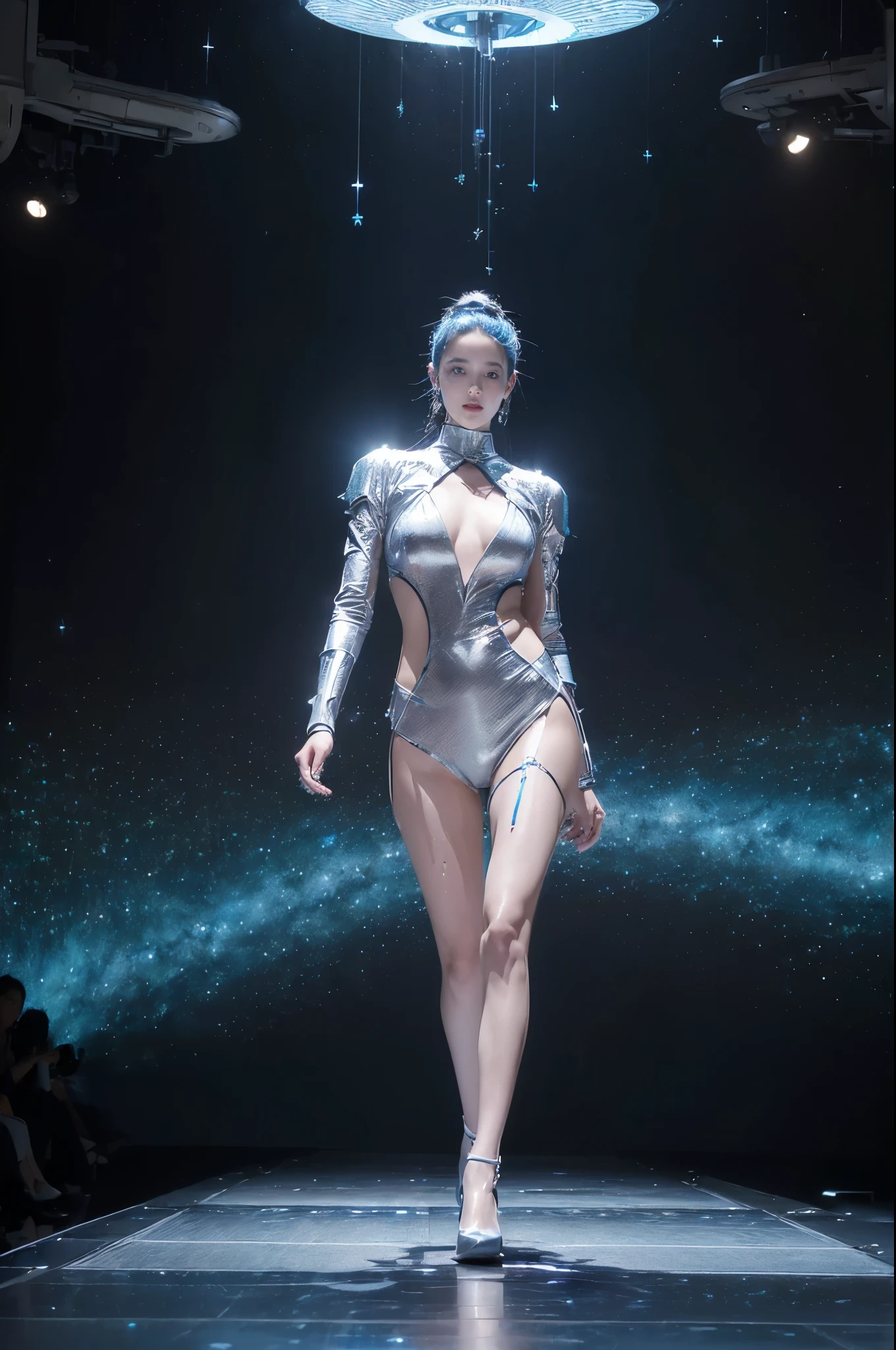 (Future World Fashion Show: 1.5),(Future sci-fi beauty model catwalk: 1.5), Smiling female model,Elegant and dignified posture,Wearing a blue dress,Blue fluorescence,Starry sky pattern,The secrets of the universe,Future distribution,Silvery white glow,Soft touch,Silver-blue eye makeup,Cosmic Starlight,virtual future runway,(Sci-fi Fashion Fashion Show: 1.5),(Huge high-tech catwalk: 1.5),(There was only one female model at the catwalk),Realistic images,8K, Ultra high quality, masterpiece, precise, Textured Skin, High Detail, best quality, Awards,((Long-range shooting,Sense of distance,Full body image))
