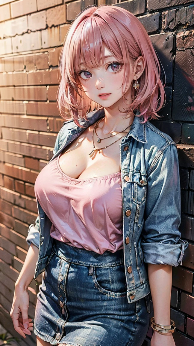 (Masterpiece, BestQuality:1.3), (ultra detailed:1.2), (hyperrealistic:1.3), (RAW photo:1.2), High detail RAW color photo, professional photograph, (Photorealistic:1.4), (realistic:1.4), professional lighting, perfect anatomy, (Big Breasts:1.2), (blush, detailed face), (cheerful Smile:1.5), Trending Hair&Trending Hairカラーをランダムに, earrings, necklace, bracelet, sexy, erotic sexy, Random sexy gravure poses, (A beautiful pink-haired woman wearing a casual denim jacket and skirt、Smiling at the camera in front of a brick wall。She has a refreshing smile。: 1.3)