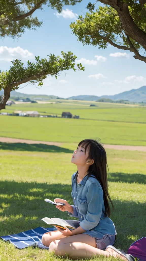 In the dazzling sunlight、In the landscape of vast grasslands、The wind blows gently through。The girl stroked her hair, which was blowing in the wind.、sitting under a big tree reading a book。In the distance, the blue sky spreads、Small birds fly freely。In this serene and beautiful landscape、The girl seems to be enjoying her own time。