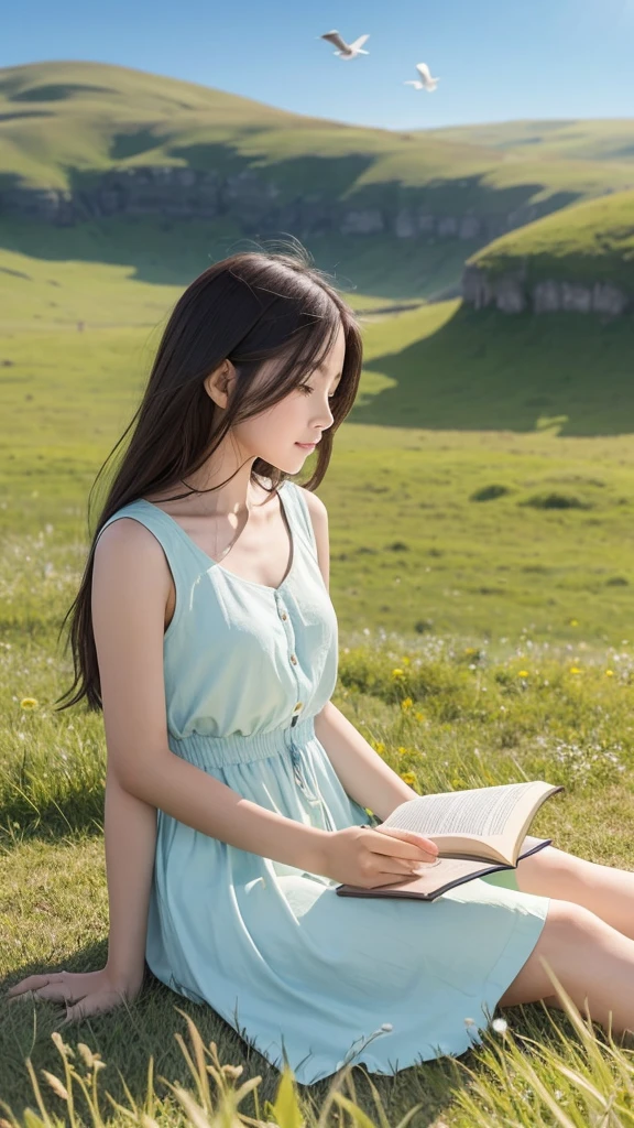 In the dazzling sunlight、In the landscape of vast grasslands、The wind blows gently through。The girl stroked her hair, which was blowing in the wind.、sitting under a big tree reading a book。In the distance, the blue sky spreads、Small birds fly freely。In this serene and beautiful landscape、The girl seems to be enjoying her own time。