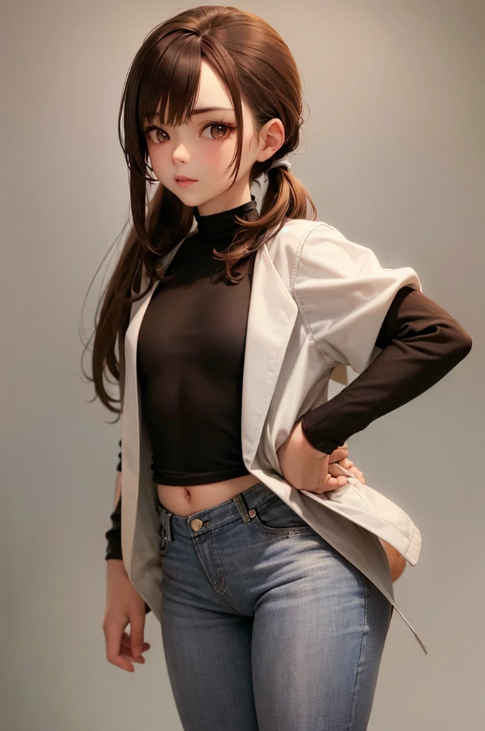 (masterpiece, best quality:1.2), cowboy shot, solo,1girl,looking at viewergirl, ,brown hair, straight hair styled in one high ponytails with hair pin. white oversized light adidas jacket made of polyamide and tight white flared jeans made of denim, bright cotton and satin polyester. This outfit allows every curve of her juicy butt to show through clearly, creating an incredibly sexy effect. brownie lips, long eyelashes,