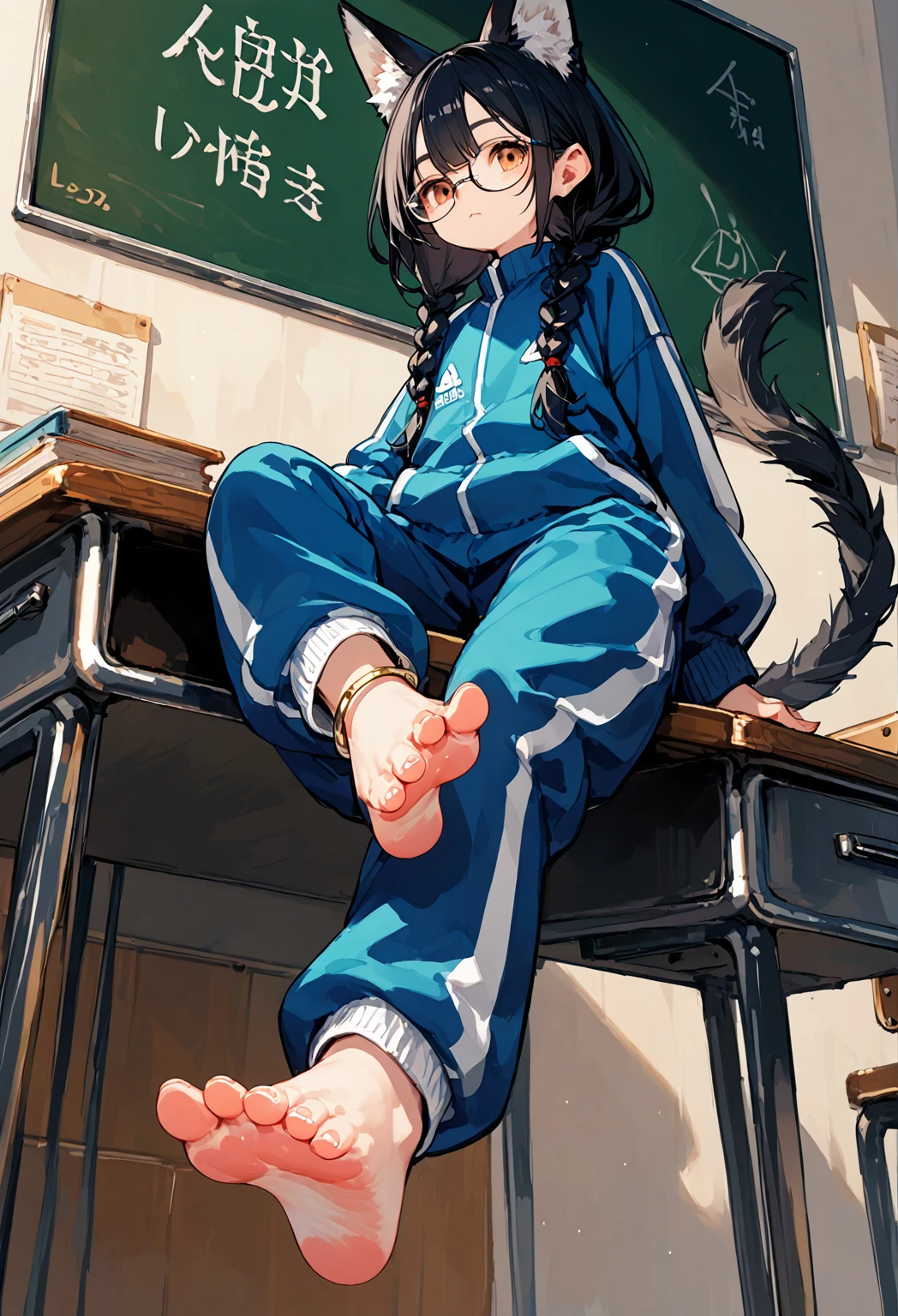 score_9,score_8_up,score_7_up,score_6_up,score_5_up,source_anime,source_furry, hadrian, solo, black hair,baggy blue and white track suit,baggy blue and white track pants,glasses,black hair,low twin braids, ,desk,sitting on desk,foot up,barefoot,soles,foot focus, furry female, fox girl,paw_sloe,sharp_toenails, pawpads, from below,anklet,bare legs,chalkboard,