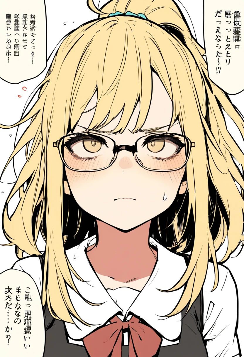 ultra-detailed:1.3, (absurdres, texture, masterpiece), by Posuka Demizu, pixiv contest winner, dynamic manga-style illustration of high school girl with glasses, yellow rough ponytail hair, she is exhausted by tremendous heat and looking upwards with determined expression, a speech bubble saying "Hot", 