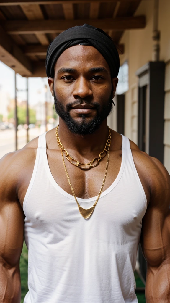 black man, buff, muscular, healthy, in his 30's, black bandana, white trunk shirt, thin gold chain, beard, face front,