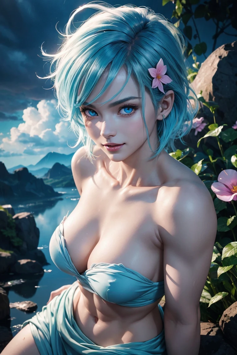 Dragon Ball Z,Bloomer,Light blue hair color,Beautiful Hair,Shortcuts,beautifully arranged bangs,Pale blue eyes,White skin,Photorealistic,Ultra HD,high quality,masterpiece,Digital SLR,Detailed details,Intricate details,Anatomical basis,Depicted in detail,A detailed face,Realistic skin texture,Vivid details,Perfect Anatomy,Perfect Anatomy,Anatomically correct hand,Anatomically correct fingers,Super Detail,Complex 3D rendering,Sexy pose,Beautiful morning glory(flower),Rainy Sky,Beautiful scenery,Fantastic rainy sky,Picturesque,Pink Lips,smile,Fantastic butterflies々,
