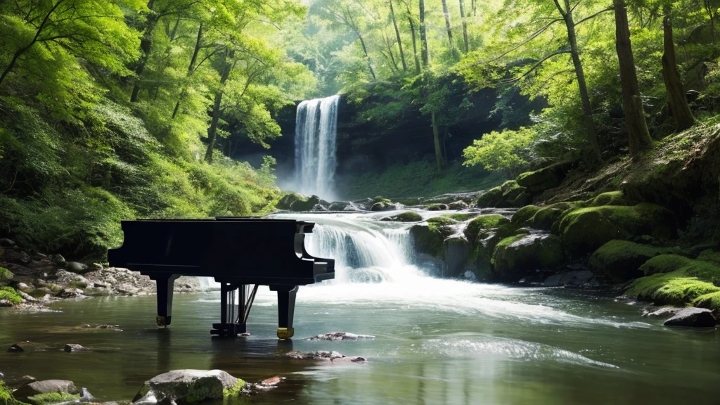A grand piano on the bank near a stream flowing from a waterfall、White splashes are rising、In the forest of fresh greenery、A big black grand piano placed by the river、Makoto Shinkai-style anime illustrations、A rough illustration style