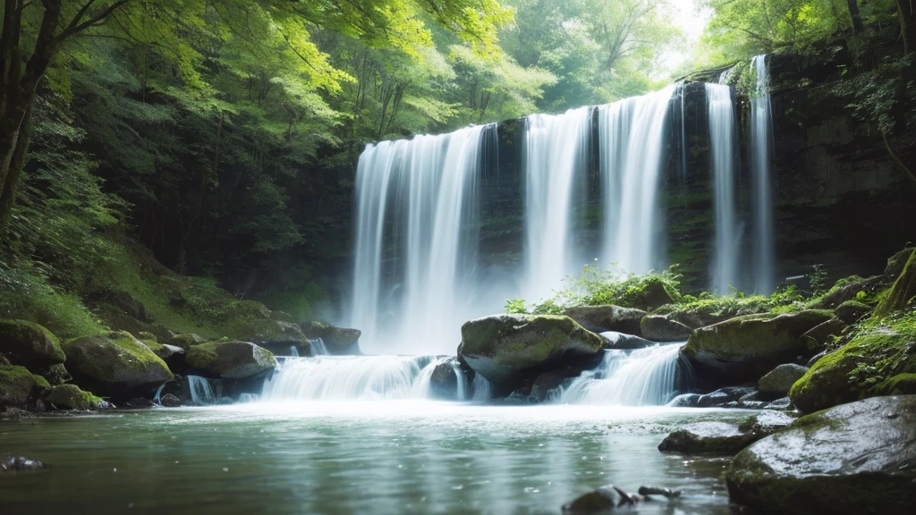 A grand piano on the bank near a stream flowing from a waterfall、White splashes are rising、In the forest of fresh greenery、A big black grand piano placed by the river、Makoto Shinkai-style anime illustrations、A rough illustration style