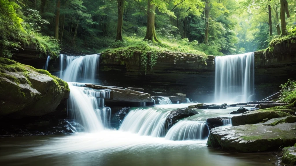 A grand piano on the bank near a stream flowing from a waterfall、White splashes are rising、In the forest of fresh greenery、A big black grand piano placed by the river、Makoto Shinkai-style anime illustrations、A rough illustration style