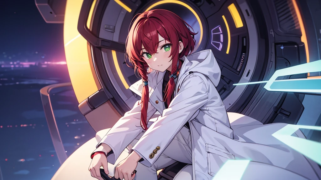 Character boy, Short Dreadlocks hair, Half black Red hair color, Light green eye, wearing white suit, night city, high res, ultarsharp, 8K, masterpiece, looking form behind