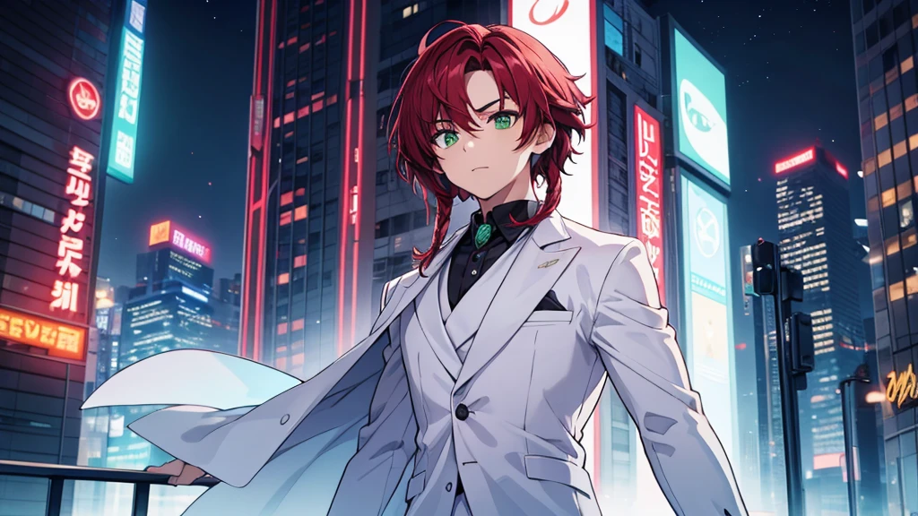 Character boy, Short Dreadlocks hair, Half black Red hair color, Light green eye, wearing white suit, night city, high res, ultarsharp, 8K, masterpiece, looking form behind