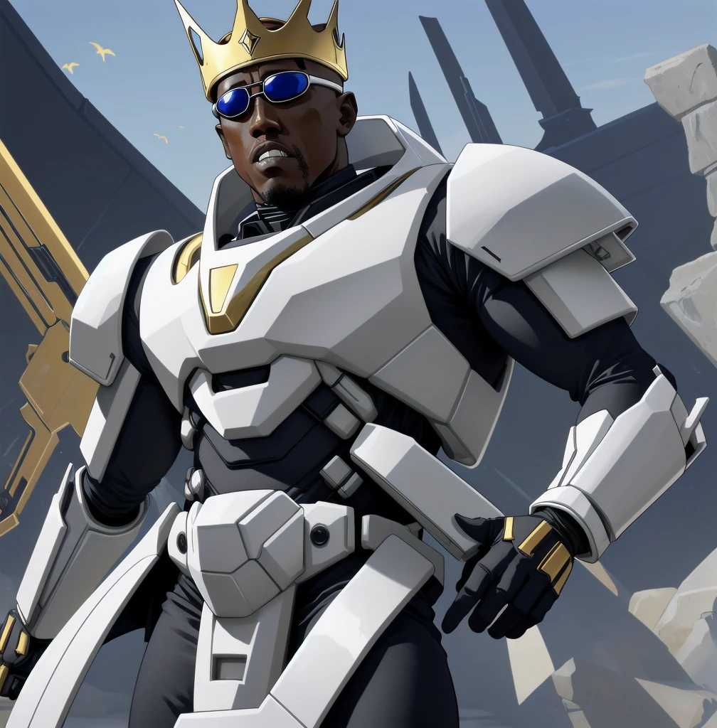 Wesley Snipes as Michael, the Right Hand of the Creator. Co-Leader of the Archangels, A crack squad of futuristic and highly technically advanced warriors. Ancient, but not old. Powerful, IN a white and black winged exo-mecha suit, tight fitting, open faced, with futuristic golden HALO-crown/helmet with visor