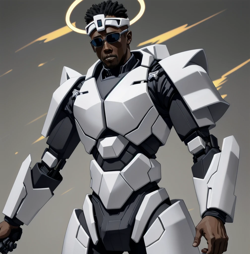 Wesley Snipes as Michael, the Right Hand of the Creator. Co-Leader of the Archangels, A crack squad of futuristic and highly technically advanced warriors. Ancient, but not old. Powerful, IN a white and black winged exo-mecha suit, tight fitting, open faced, with futuristic golden HALO-crown/helmet with visor