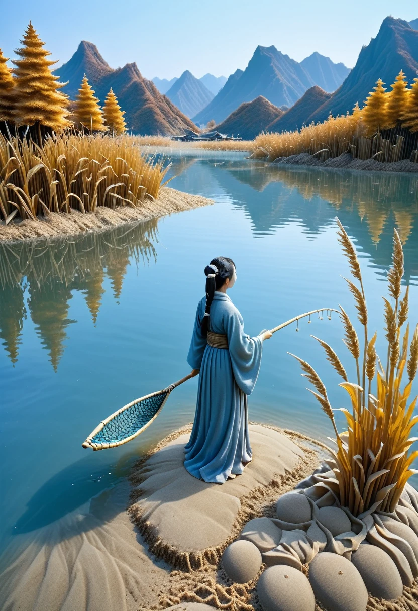 Sand sculpture style,  Ultra-clear details，The autumn water and the sky are the same color：By the lake，A woman wearing blue Hanfu，Handheld fishing net，Gazing at the sparkling water，Reeds swaying all around，The distant mountains are like daisy，The sky and the lake merge，A tranquil autumn scenery。