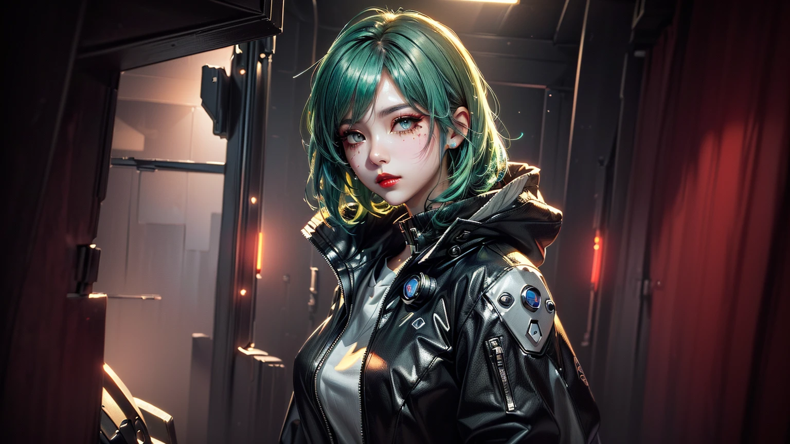 anime girl with green hair and grey eyes in a dark room, artwork in the style of guweiz, guweiz, anime style 4 k, digital cyberpunk anime art, guweiz masterpiece, guweiz on artstation pixiv, guweiz on pixiv artstation, anime art wallpaper 8 k, anime art wallpaper 4 k ,red lips, Black eyeshadow around the eyelid, There were blood stains at the corners of the mouth