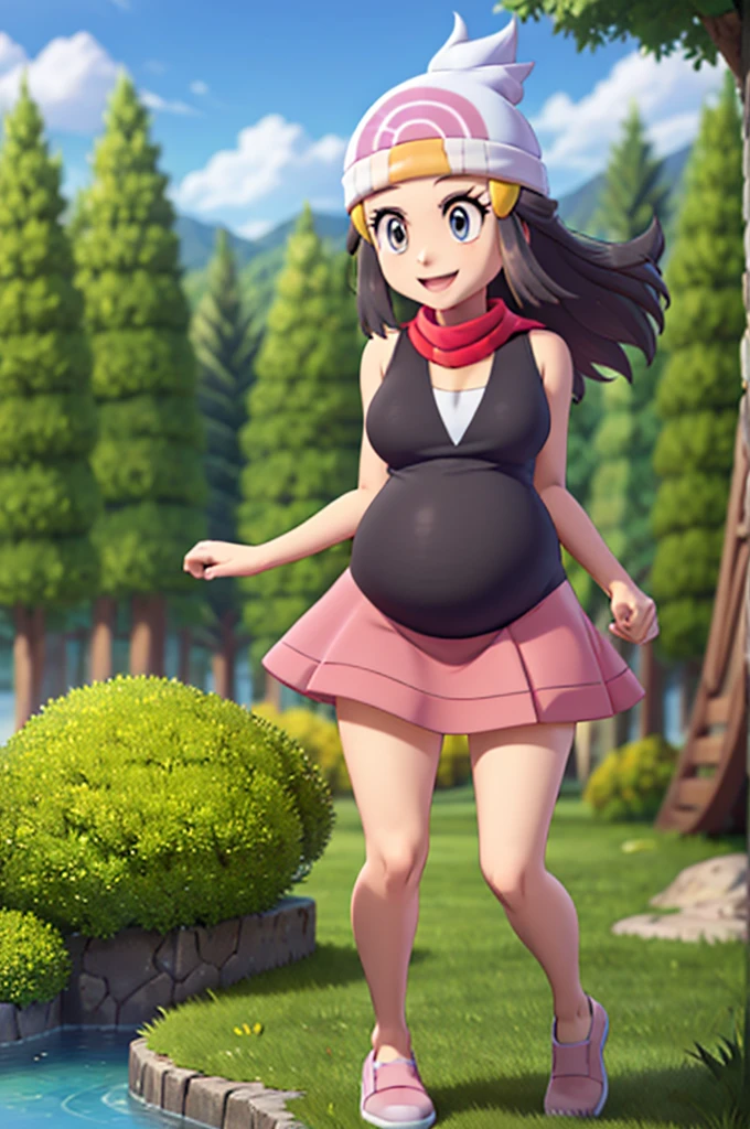 ((masterpiece, best quality)),   dawn \(pokemon\), black shirt, sleeveless, red scarf, pink skirt, white headwear, beanie, smile, forest, pine tree, hyper-pregnant 