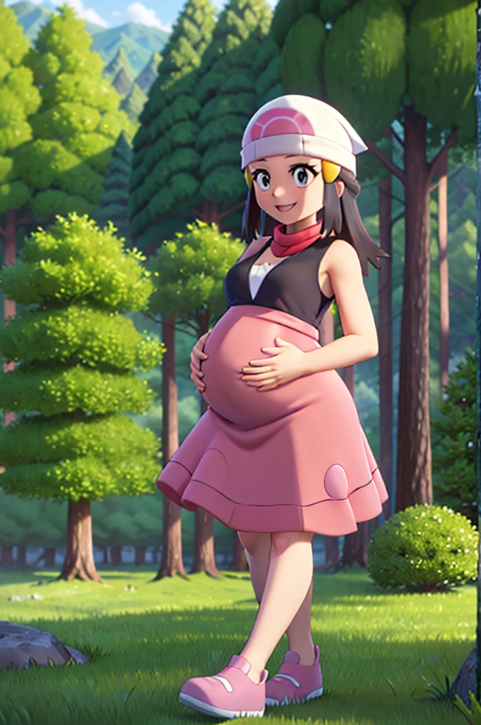 ((masterpiece, best quality)),   dawn \(pokemon\), black shirt, sleeveless, red scarf, pink skirt, white headwear, beanie, smile, forest, pine tree, hyper-pregnant 