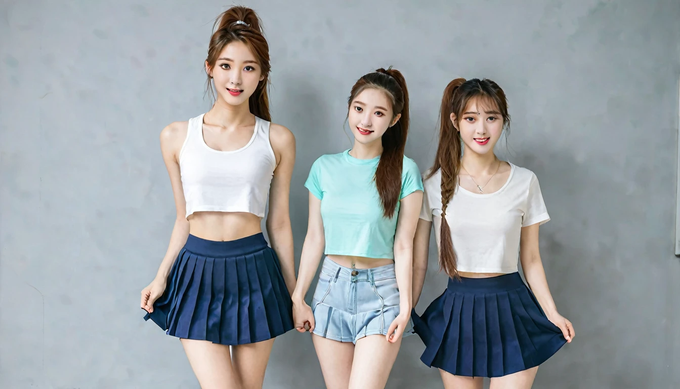 Young college married lesbian couple, Korean, dressed in crop top and skirts, both have long ponytail hair, pale skin, long legs