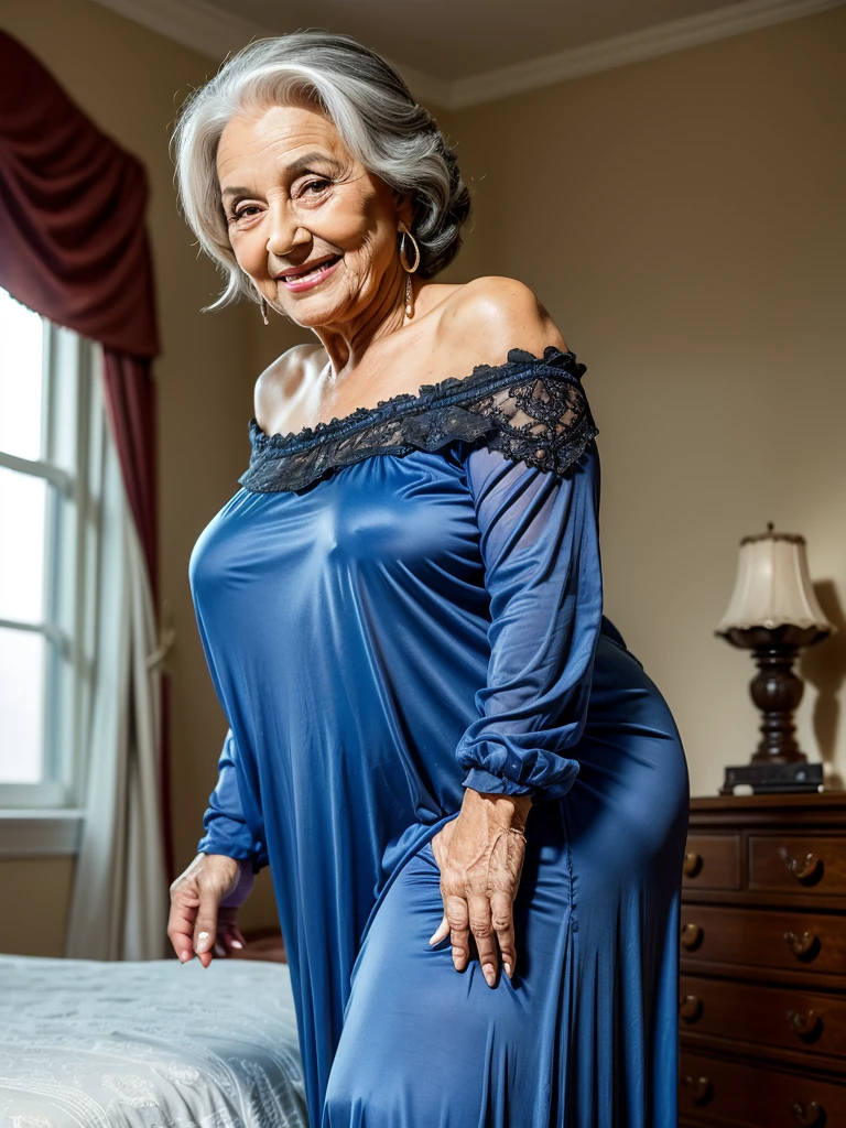 Mature old woman 80 years with black hair, plus size, old face and body with many wrinkles, loose skin, smiling standing at bedroom posing for photo, She wearing tight blue nightgown and white lace stockings side view. jaw dropping mature older beauty, old face and body with wrinkles, old face, attractive grandma, a gorgeous old hair, beautiful old grandma, lovely older mature grandma, gorgeous beautiful grandma over 80 years old, beautiful black hair grandma, beautiful detailed body and face, a beautiful old granny