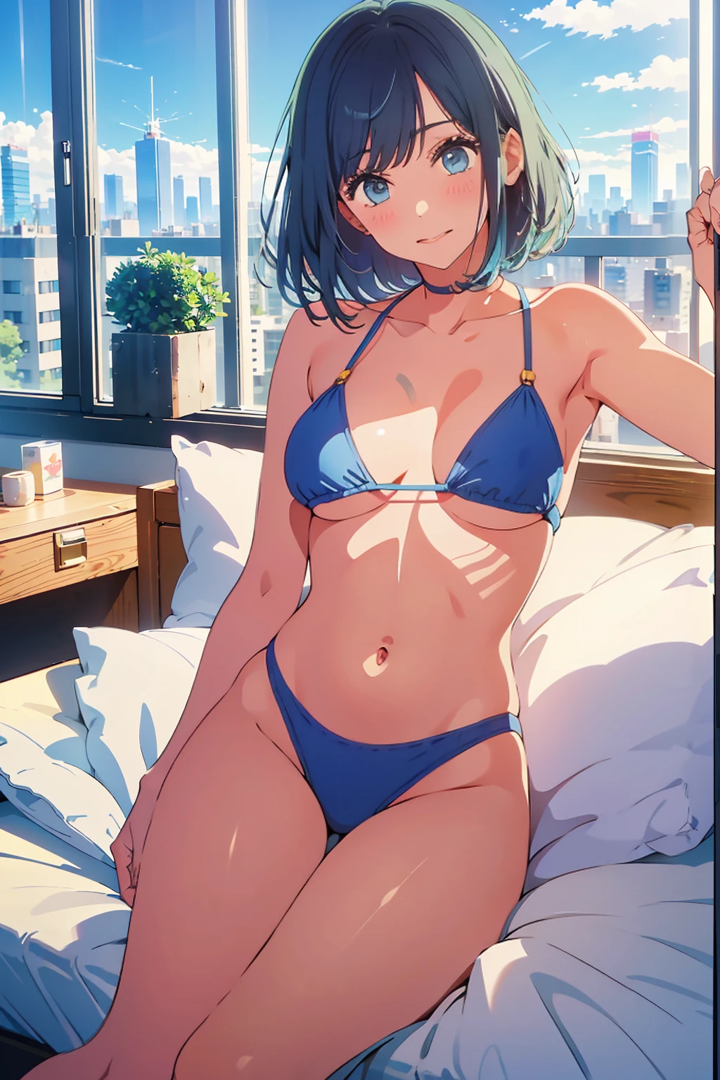 highest quality,8k,detailed,F cup bust、Very cute face、Beautiful thighs、Best Beautiful Legs、Slim and beautiful arms、Slim body、White skin、((((1 person、Sunlight on the body、On the bed、Lying in bed、Areola、Nipples、looking at the camera、smile、smile、Tokyo buildings in the background、Hotel room))))、I can see the deep blue sky、The atmosphere is bright and lively、The woman is at the center of the image。