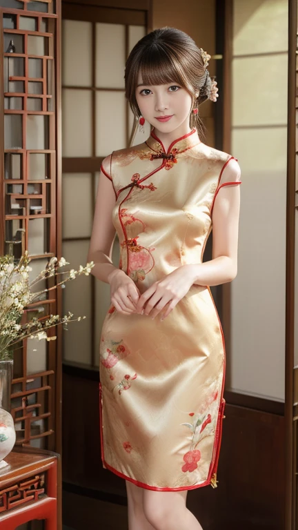 looking viewer, Holding a Japanese cat. Japanese girl , 16 year old ,(middle hair, brown hair, fringe, little smiling),(middle breasts, slender whist, middle hip, public hair) ,(((silk Red Chinese Cheongsam dress with a high collar for women, flower pattern))),traditional Chinese shoes
, standing, front view, down sun lighting (masterpiece, highest quality, Very detailed, Ultra-high resolution, (photopractical:1.4), Original photo, (practical:0.2), 8K HDR,)