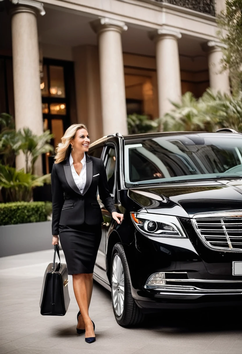 Generate a highly realistic and detailed photograph of a professional female chauffeur assisting a businessman as he exits a luxury black minivan. The female chauffeur is dressed in a crisp, tailored uniform and is holding the door open with a polite and welcoming smile. The businessman, in a sharp business suit, is stepping out of the vehicle with a confident demeanor. The setting is in front of a high-end hotel, with the hotel's elegant entrance and doorman visible in the background. The image should capture the luxury and professionalism of the service, with clear, sharp details, natural lighting, and realistic proportions and facial features. Ensure the photograph looks authentic, with no distortions or anomalies in the subjects or surroundings