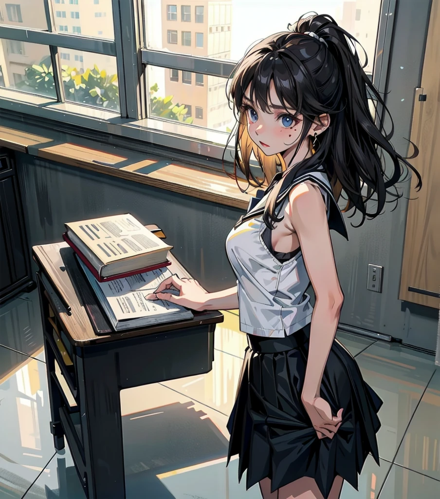 full body, solo, alone, perfect anatomy, correct body, ideal ratio of body proportions, tearful mole, earring, medium hair, black hair, medium tits, school_uniform, summer shirt, skirt, sleeveless, ((in classroom)),
