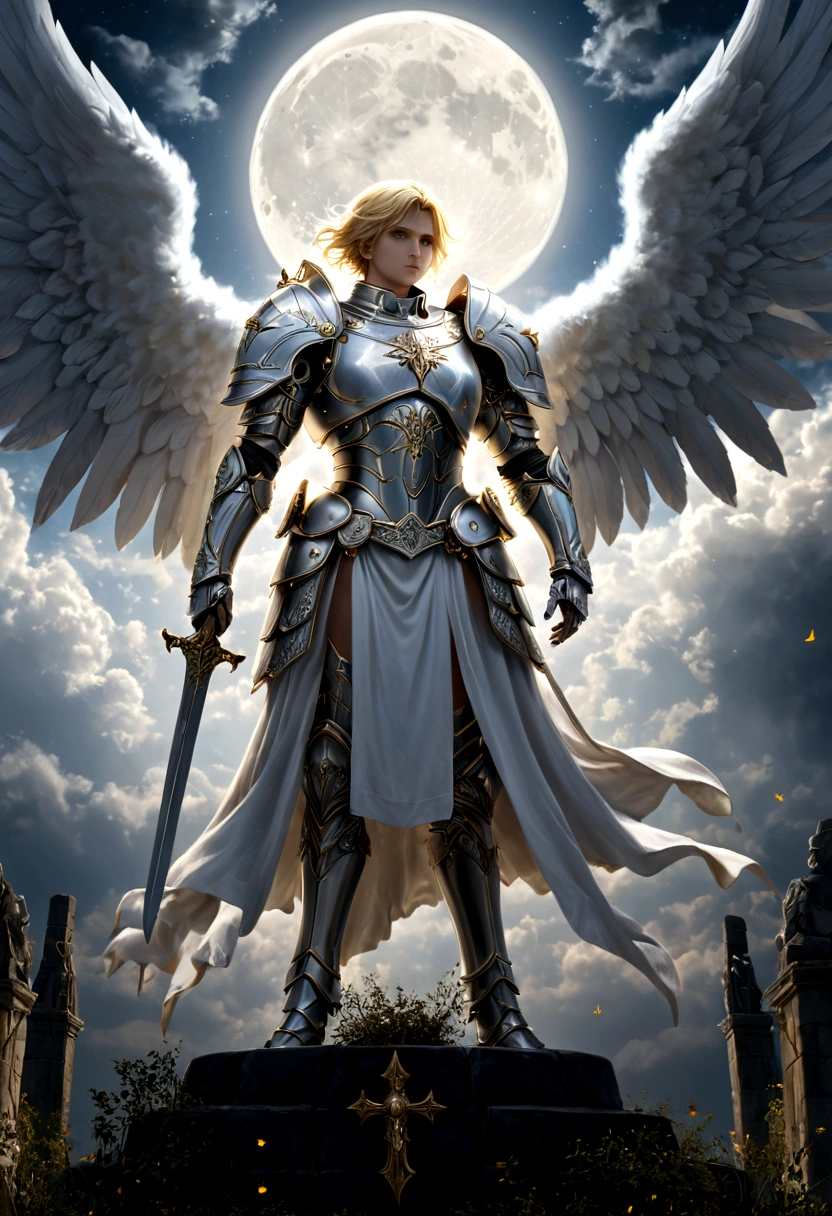 a model shot taken from the back, 16K, ultra detailed, masterpiece, best quality, (extremely detailed), arafed, dnd art, portrait, full body, aasimar, female, (Masterpiece 1.3, intense details), female, paladin, holy warrior fighting undead (Masterpiece 1.3, intense details) large angelic wings, white angelic wings spread (Masterpiece 1.3, intense details), dark fantasy cemetery background, moon light, moon, stars, clouds, wearing white armor (Masterpiece, intense details: 1.3), holy symbol, armed with sword, short blond hair, masculine, detailed face, (Masterpiece 1.5, best quality), anatomically correct (Masterpiece 1.3, intense details), angel_wings, determined face, god rays, cinematic lighting, glowing light, silhouette, from outside, photorealism, panoramic view (Masterpiece 1.3, intense details) , Wide-Angle, Ultra-Wide Angle, 16k, highres, best quality, high details