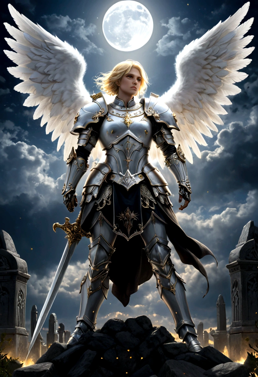 a model shot taken from the back, 16K, ultra detailed, masterpiece, best quality, (extremely detailed), arafed, dnd art, portrait, full body, aasimar, female, (Masterpiece 1.3, intense details), female, paladin, holy warrior fighting undead (Masterpiece 1.3, intense details) large angelic wings, white angelic wings spread (Masterpiece 1.3, intense details), dark fantasy cemetery background, moon light, moon, stars, clouds, wearing white armor (Masterpiece, intense details: 1.3), holy symbol, armed with sword, short blond hair, masculine, detailed face, (Masterpiece 1.5, best quality), anatomically correct (Masterpiece 1.3, intense details), angel_wings, determined face, god rays, cinematic lighting, glowing light, silhouette, from outside, photorealism, panoramic view (Masterpiece 1.3, intense details) , Wide-Angle, Ultra-Wide Angle, 16k, highres, best quality, high details