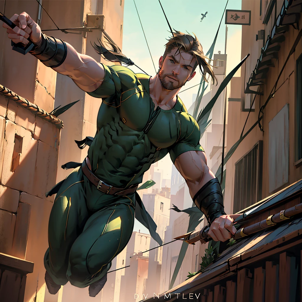 In movement ,in action , 8k, high quality , very well detailed face , detailed fingers ,detailed muscles, detailed background, stephen amell as green arrow , wearing dark green outfit, showing a dark blond short hair WITH FADE AWAY , a well groomed facial hair , a bulge ,hunk and handsome, using his bow and arrow , aiming with his bow and arrow toward the ennemy,in action , jumping from roof to roof , in the air , with the quiver on his back full of arrows, background cityscape at DAY LIGHT