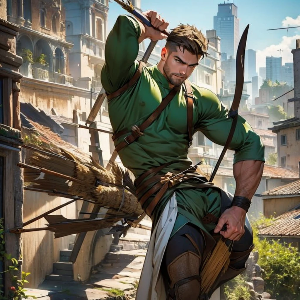 In movement ,in action , 8k, high quality , very well detailed face , detailed fingers ,detailed muscles, detailed background,  stephen amell as green arrow , wearing dark green outfit, showing a dark blond short hair WITH FADE AWAY , a well groomed facial hair , a bulge ,hunk and handsome, using his bow and arrow , aiming with his bow and arrow toward the ennemy,in action , jumping from roof to roof , in the air  , with the quiver on his back full of arrows, background cityscape at DAY LIGHT 