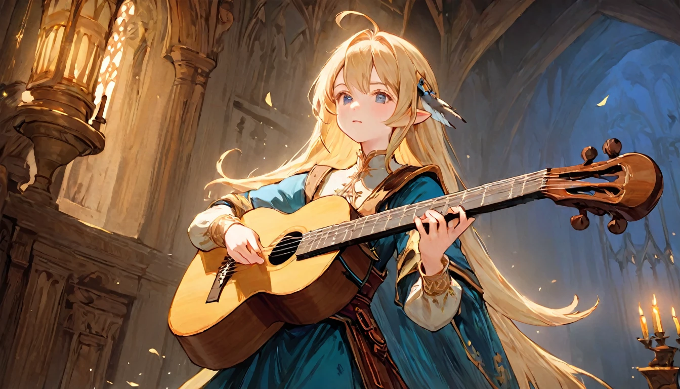 Female Adventurer, whole body, Game Art Style, (masterpiece), highest quality, High resolution, 4K, 8k, Detail View, Intricate details, Cinema Lighting, Great quality, 1 girl, bird、Bird、Playing the lute、Playing the lute、((Close your eyes and sing passionately:1.2))、Elf Ears、Ash Blonde Hair, Great shade, Soft lighting, Facing camera, Perfect Eyes