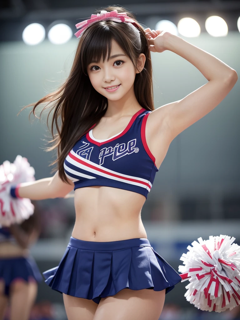 (Best-quality, Masterpiece, Ultra-High-Resolution, (Photorealistic:1.4), Raw Photo, depth of field, professional lighting, perfect anatomy, extremely details), 1girl, the most famous Japanese idol, (wearing cheerleading sleeveless-shirt, wearing cheerleading pleated-skirt over cheerleading panties), ((upturned hip)), ((extremely cute face, ((extremely cute big-eyes)), extremely cute hair), ((extremely beautiful and extremely realistic skins))), extremely beautiful legs, dynamic pose, looking at viewer, innocent smile